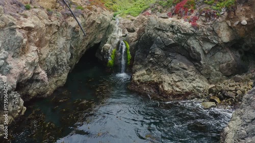 Big Sur California USA video footage of a small coastal waterfall cascading down mossy rocks into the Pacific Ocean along Highway 1, surrounded by rugged cliffs and wild seascape