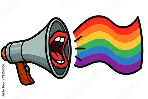 Loudspeaker shouting with LGBT rainbow flag. Pride month announcement. Protest against discrimination. Concept for gay rights, equality, freedom. Vector for parade celebration.