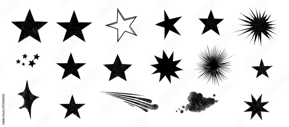 Obraz premium Stylized star icons in various shapes and sizes, including bursts and sparkles, create whimsical and dynamic visual effect. These vector graphics are perfect for design projects