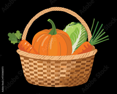 Large, deep wicker basket generously filled with various fresh garden vegetables including pumpkin, cabbage, and crisp greens - Vector Illustration