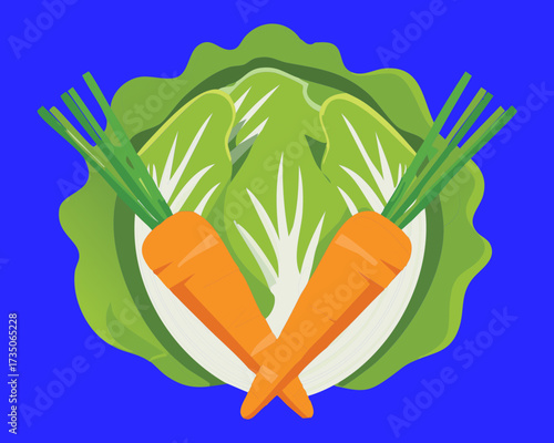 Fresh harvest of cabbage, carrots, and other green leaves, an arrangement of essential and healthy garden vegetables - Vector Illustration	