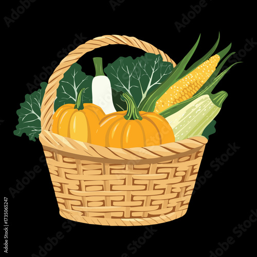 Seasonal harvest basket of cabbage, corn, pumpkin, and greens, a rustic symbol of farm-fresh vegetable abundance - Vector Illustration	