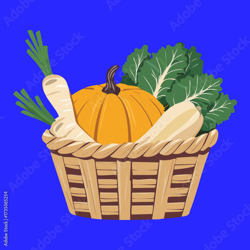 Autumn harvest basket of pumpkin, turnip, cabbage, and carrot, a bountiful display of seasonal vegetables - Vector Illustration	