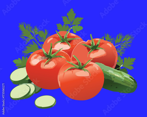 Pile of ripe red tomatoes and green cucumbers clustered together, a classic fresh vegetable grouping for salads - Vector Illustration	