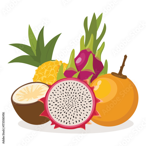 Assortment of tropical and exotic fruits: pineapple, dragon fruit, passion fruit, and maracuya, a sweet and colorful mix - Vector Illustration	