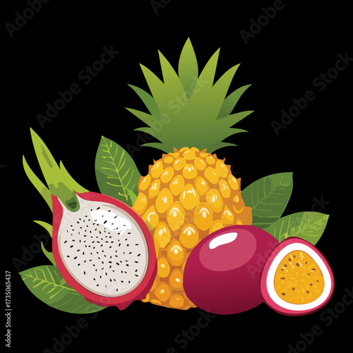 Exotic tropical fruit pile: pineapple, dragon fruit, and passion fruit against a dark background, symbolizing sweet taste - Vector Illustration	