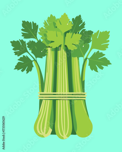  Freshly Cut Green Celery Bunch with Healthy Leaves, Perfect for Juicing, Snacking, or Flavoring Savory Dishes - Vector Illustration