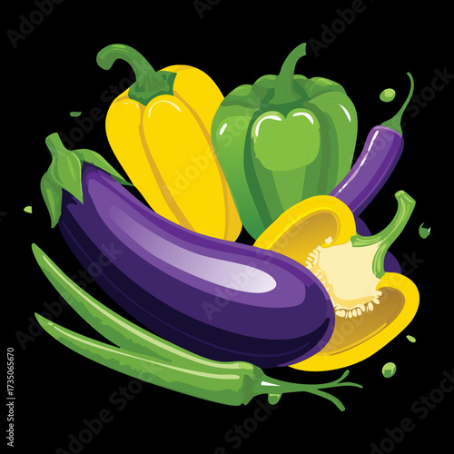 Vibrant Array of Eggplants and Colorful Bell Peppers, a Rich Mix of Fresh Vegetables for Grilling and Cooking - Vector Illustration
