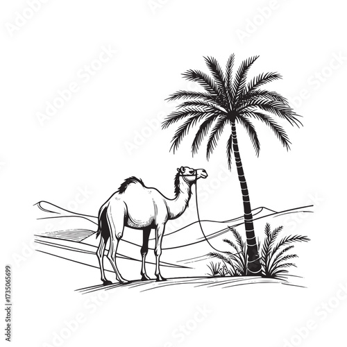Desert Scene with Camel and Palm Tree