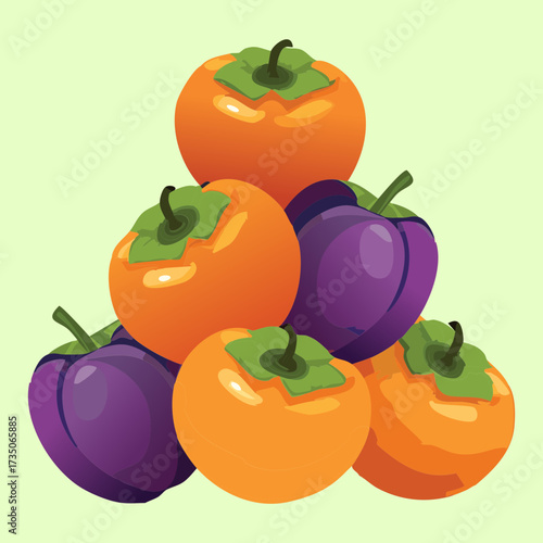 A Stack of Assorted Persimmons and Plums with a Tomato Base, Highlighting Fresh Autumn Fruit Harvest - Vector Illustration	