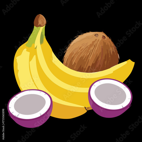 A dynamic composition of bananas and coconut halves, split to reveal the white flesh, representing tropical energy and natural goodness - Vector Illustration	