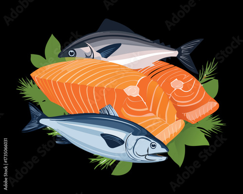 Fresh salmon fillets and whole fish with rosemary sprigs and a lime slice against a dark background for a premium feel - Vector Illustration.	