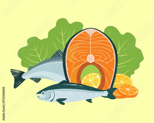 Two sleek whole fish with a large salmon steak and lemon on a bed of fresh green lettuce, perfect for a healthy menu - Vector Illustration.	