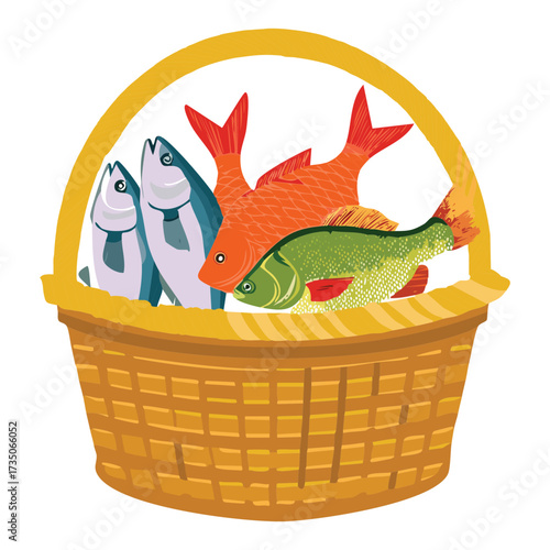 A rustic wicker basket filled with a variety of fresh river and sea fish, representing a natural and plentiful harvest for the dinner table - Vector Illustration.	