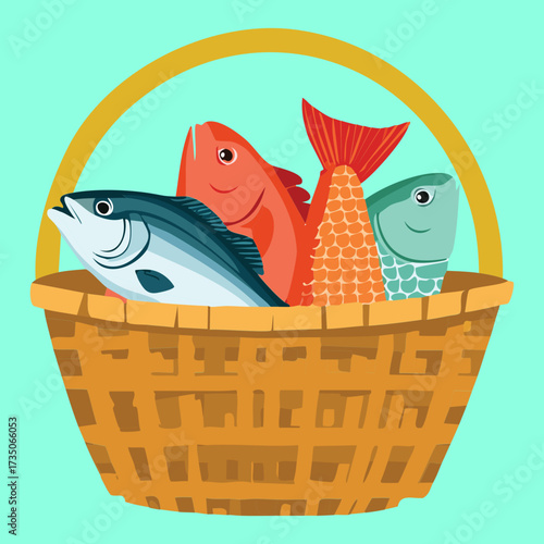 A wicker basket overflowing with a fresh catch of colorful fish, including salmon and trout, highlighting abundance and market goodness - Vector Illustration.	