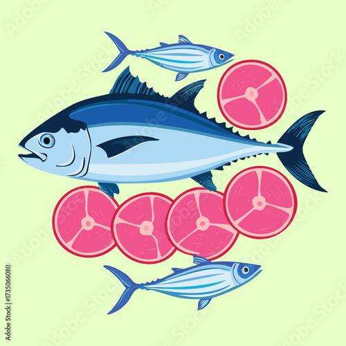 Fresh tuna fish surrounded by circular raw fillet cuts and a small schooling fish, symbolizing seafood preparation and cuisine - Vector Illustration.	