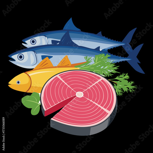 A dark and striking image featuring large fish and a round salmon steak or fillet, representing a complete seafood platter ready for dinner - Vector Illustration.	
