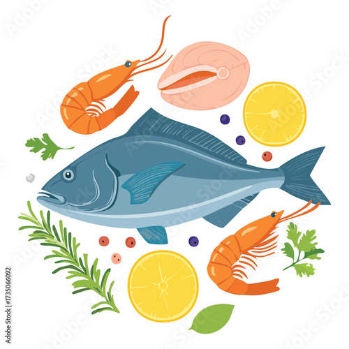 A circular arrangement of blue fish and shrimp with herbs and lemon wedges, signifying a fresh seafood selection for a market logo - Vector Illustration.	