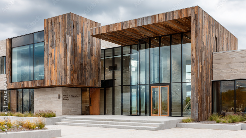 Obraz premium Contemporary wooden building architecture modern exterior design stylish house residential structure