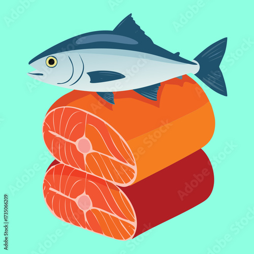 Two Freshly Caught Tuna Fish Placed on a Stack of Raw Salmon Steaks, Highlighting Seafood Protein - Vector Illustration	