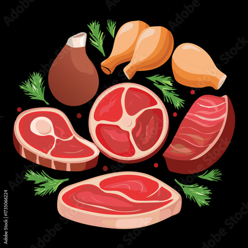 Overhead View of Assorted Cuts of Raw Red Meat, Beef Chops, and Mushrooms with Herb Garnish - Vector Illustration	