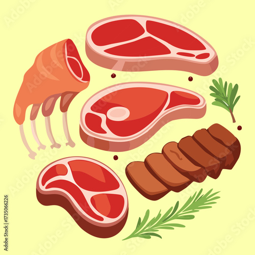 Various Cuts of Raw Red Meat, Ribs, and Sausages with Herbs and Mushrooms for a Butcher Shop Display - Vector Illustration	
