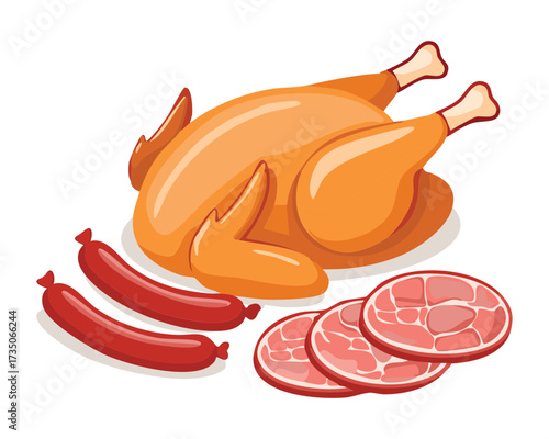 Traditional Arrangement of Cooked Whole Chicken, Sausages, and Slices of Cured Ham for a Festive Dinner - Vector Illustration	