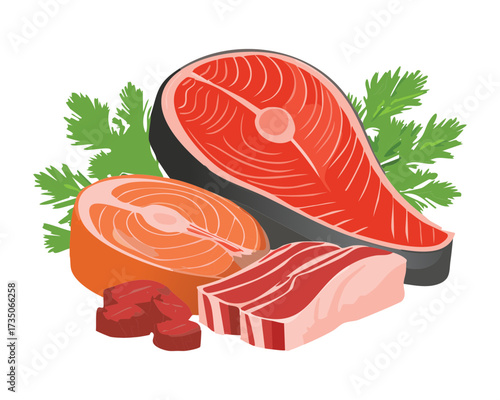 Stack of Fresh Raw Salmon and Beef Steaks Paired with Herbs and Spices for a Rich Protein Diet - Vector Illustration	