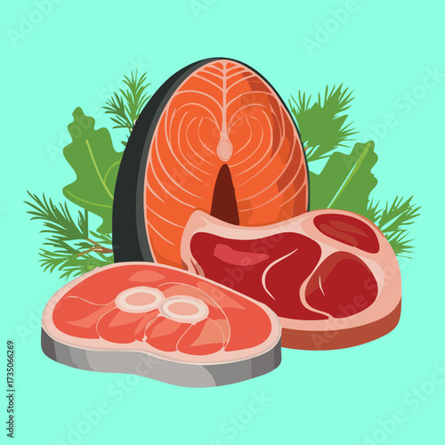 Display of Premium Raw Salmon Fillets and Red Meat Chops with Herbs, Ready for a Healthy Gourmet Meal - Vector Illustration	