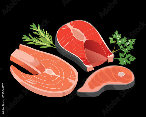 Composition of Raw Salmon Steaks and Cuts of Red Meat Garnished with Fresh Parsley on a Dark Background - Vector Illustration	