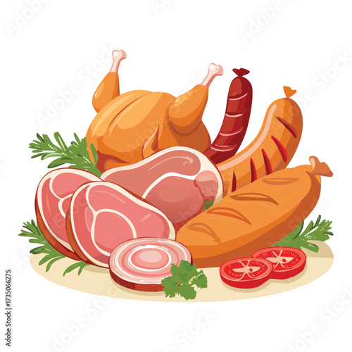 A Rich Assortment of Meats Including Whole Roasted Chicken, Sausages, and Various Slices of Ham - Vector Illustration	
