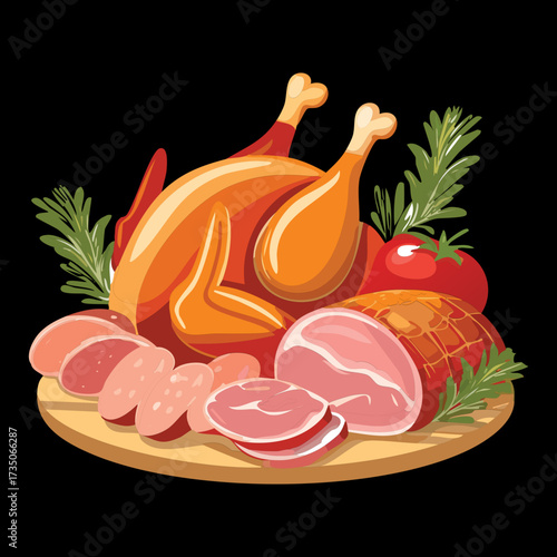 Whole Roasted Chicken on a Plate Surrounded by Deli Meats, Lettuce, and a Sprig of Rosemary - Vector Illustration	