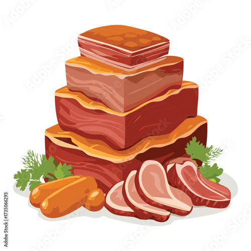 A High Stack of Sliced Cured Meats and Bacon with Fresh Basil and Slices of Ham on a Wooden Base - Vector Illustration	