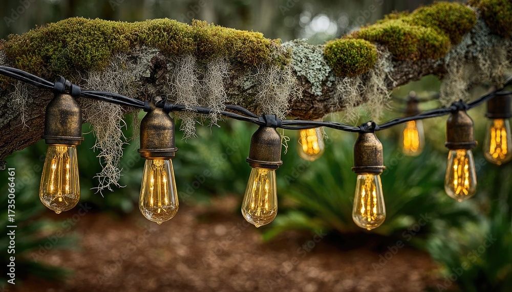Fototapeta premium String lights on a mossy tree branch