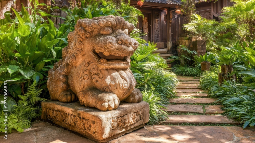 Obraz premium Weathered stone sculpture, guardian lion, lush garden, green foliage, traditional architecture, peaceful, outdoor pathway