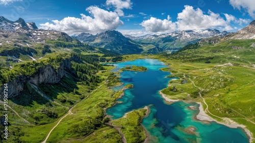 Aerial mountain lake turquoise landscape valley summer green scenic nature peaceful clouds blue water forest outdoor travel adventure panoramic