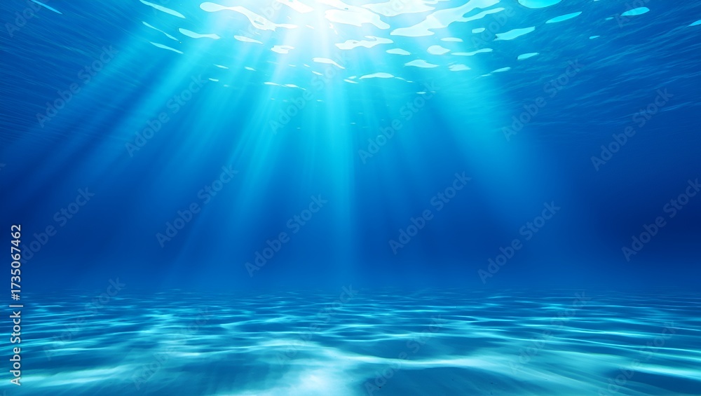 Obraz premium Sunlight pierces the tranquil, blue depths of a serene ocean, illuminating the sandy seabed below.