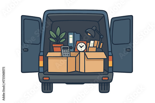 Corporate moving concept with van full of office supplies. Relocation service loading or unloading truck with boxes. Business change or new beginning vector illustration.