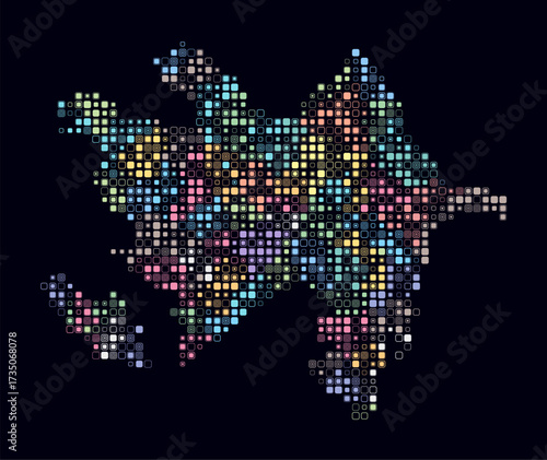 Azerbaijan, shape of the country build of colored cells. Digital style map of the Azerbaijan on dark background. Small size rounded square blocks. Beautiful vector illustration.