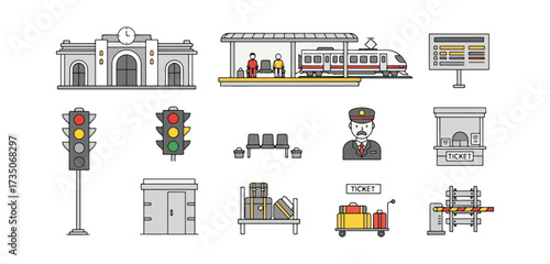 Train station icons set