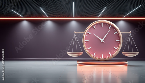 Large pink clock with balanced scales on pedestal in modern gallery space evoking time and justice mood