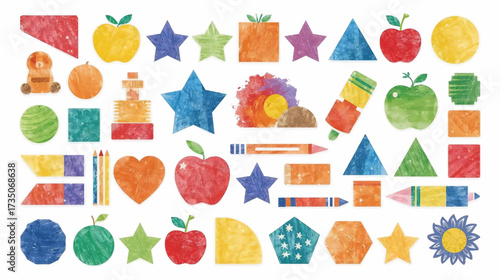 Many colorful shapes apples, stars, triangles, squares suitable for educational resources, kids books, patterns, and packaging designs.