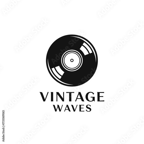Black and white logo featuring a vinyl record with the words "VINTAGE WAVES" underneath.