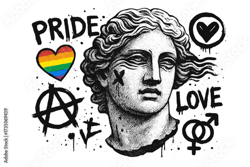 Pride month concept with antique statue head in punk rock, grunge style. LGBT love, equality, diversity protest vector illustration with graffiti, anarchy symbol and rainbow heart.