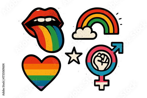 Set of pride month vector elements in retro punk grunge style. LGBT icons concept for love, equality, and diversity. Collection includes rainbow, heart, gender symbol, and mouth.