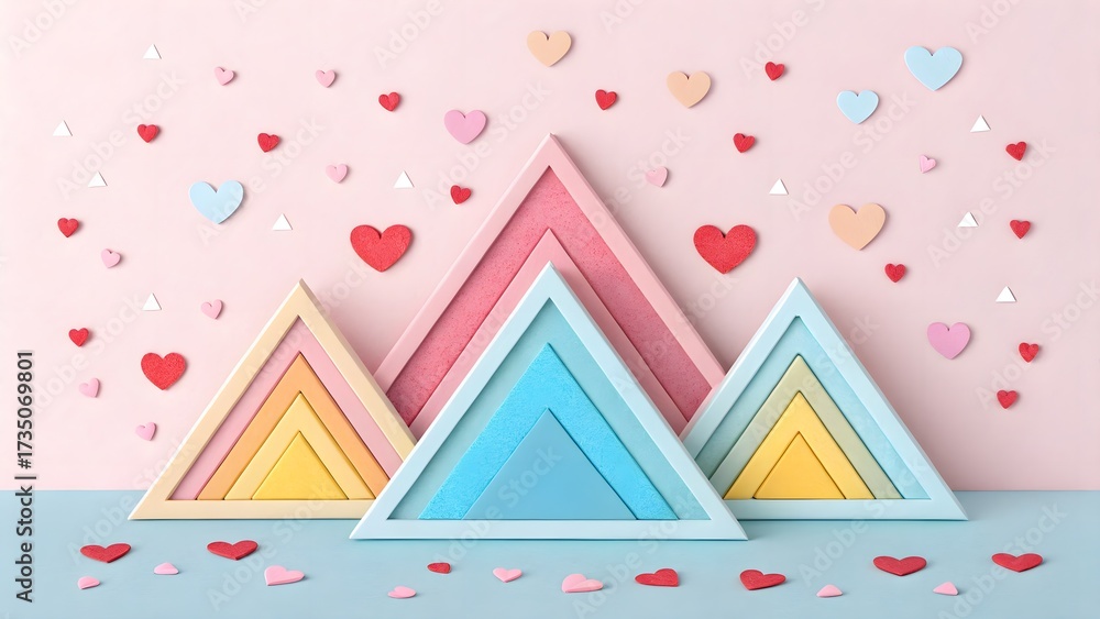 Obraz premium Layered Pastel Triangles with Heart Confetti. Playful paper-cut layered triangles in pastel tones sprinkled with tiny heart confetti—whimsical pattern.