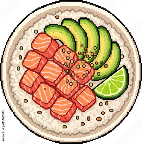 A pixelated illustration of a vibrant poke bowl, featuring salmon, avocado, and lime.