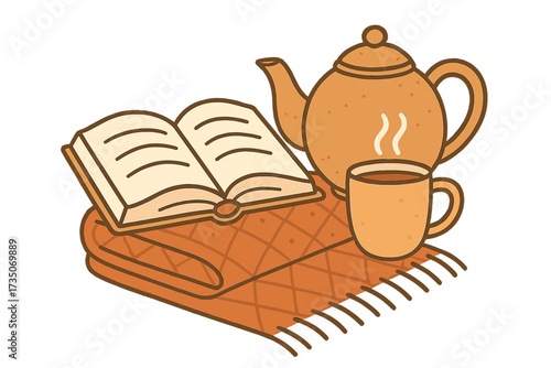 Cozy hygge concept with open book, warm blanket, teapot and hot tea mug. Slow living aesthetic for relaxation and leisure. Autumn vector illustration for book lovers.