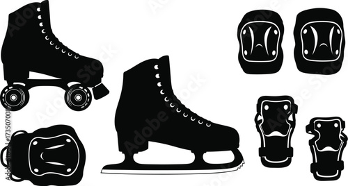 Vector art of roller skates and ice skates silhouette with safety gear