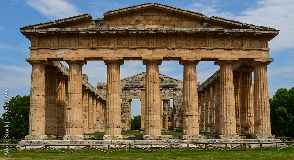 Fototapeta premium Ancient temple architecture with columns and stone structure under blue sky